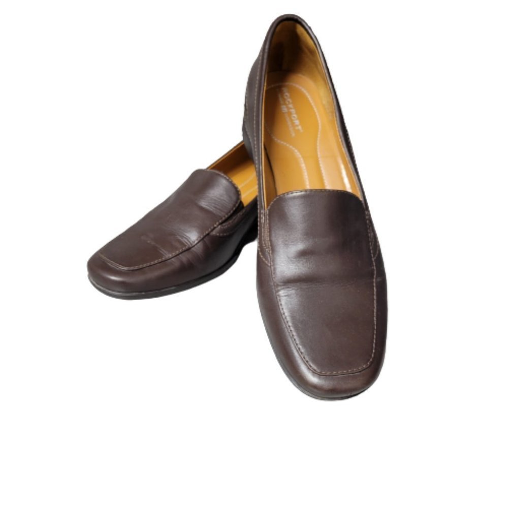 6.5 Rockport Chocolate Brown Leather Low Wedge Slip On Loafer Size 6.5/37‌‌‌